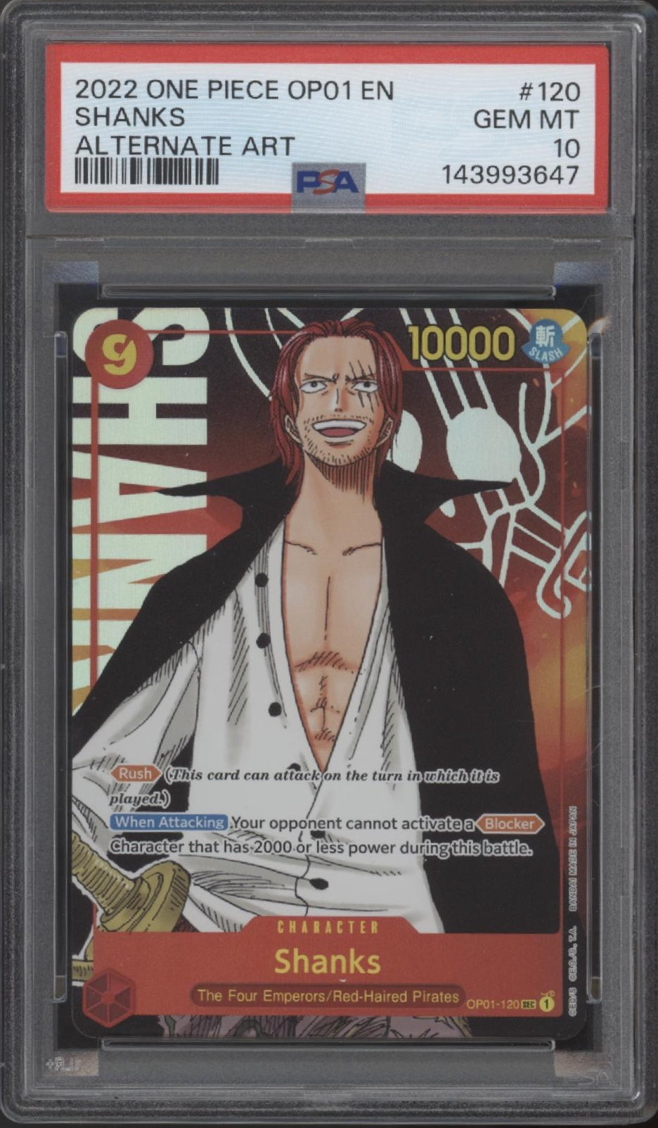 Shanks One Piece Card Game OP01 Alternate Art #120 PSA 10