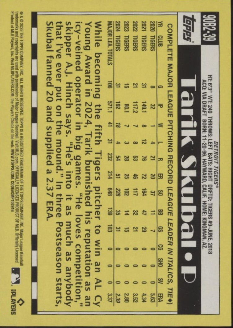 Tarik Skubal 2025 Topps 35th Anniversary '90 No Name SSP 18/35 #90B2-39