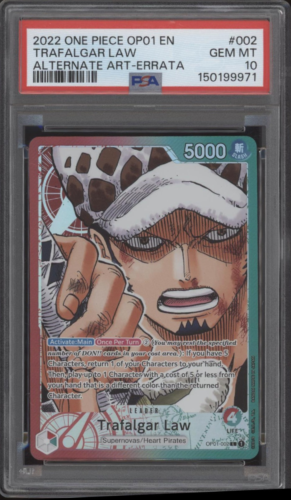 Trafalgar Law One Piece Card Game OP01 Alt Art Pre Errata #002 PSA 10