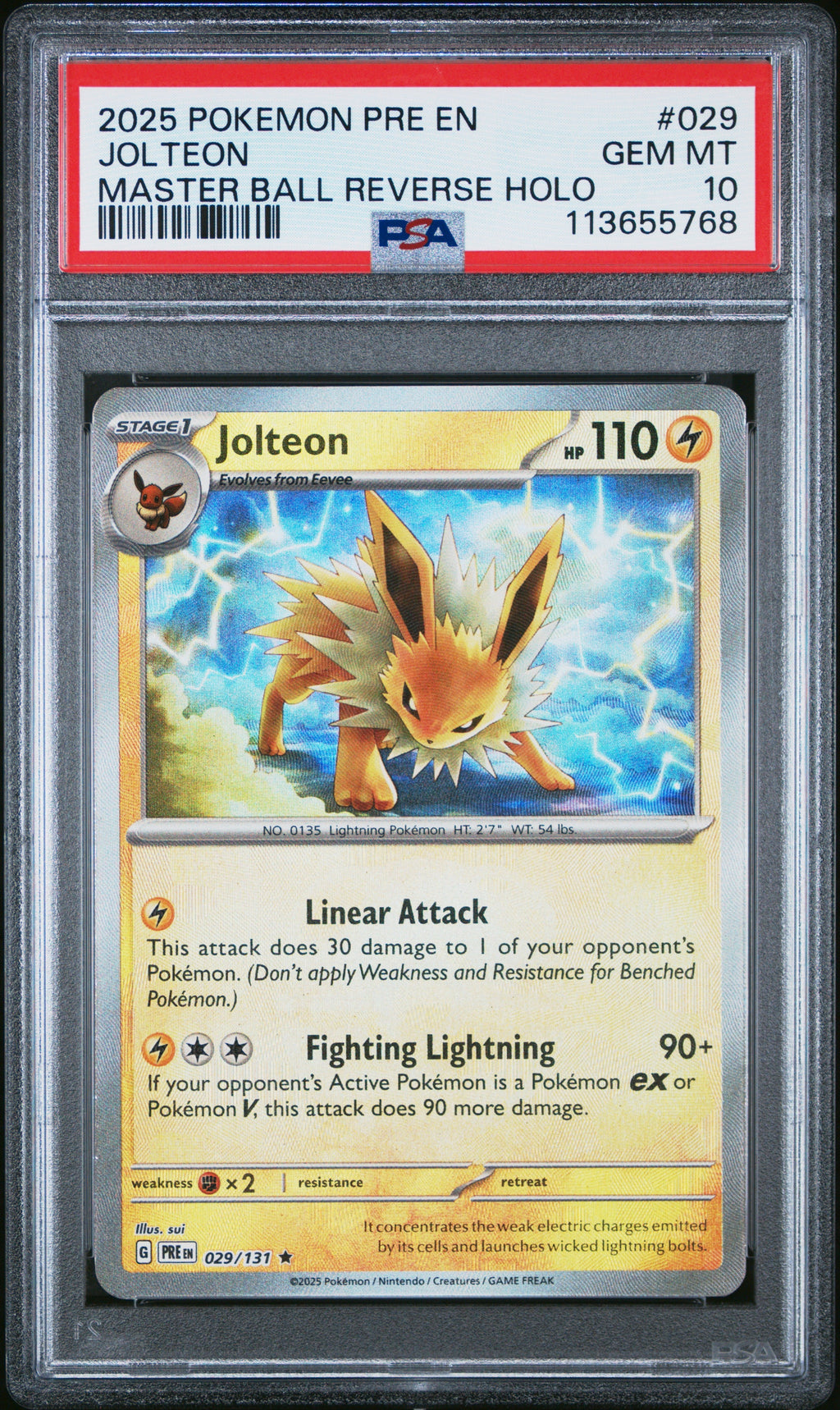 JOLTEON MASTER BALL REVERSE HOLO 2025 POKEMON PRE EN-PRISMATIC EVOLUTIONS PSA GEM MT 10