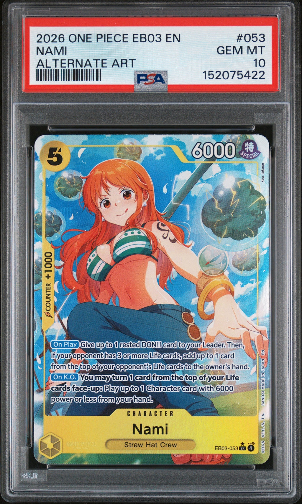 NAMI ALTERNATE ART 2026 ONE PIECE EB03-EXTRA BOOSTER -ONE PIECE HEROINES EDITION- PSA GEM MT 10