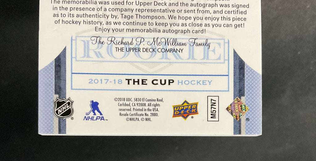 Tage Thompson 2017-18 Upper Deck The Cup Rookie Swatch Auto 017/249 #165