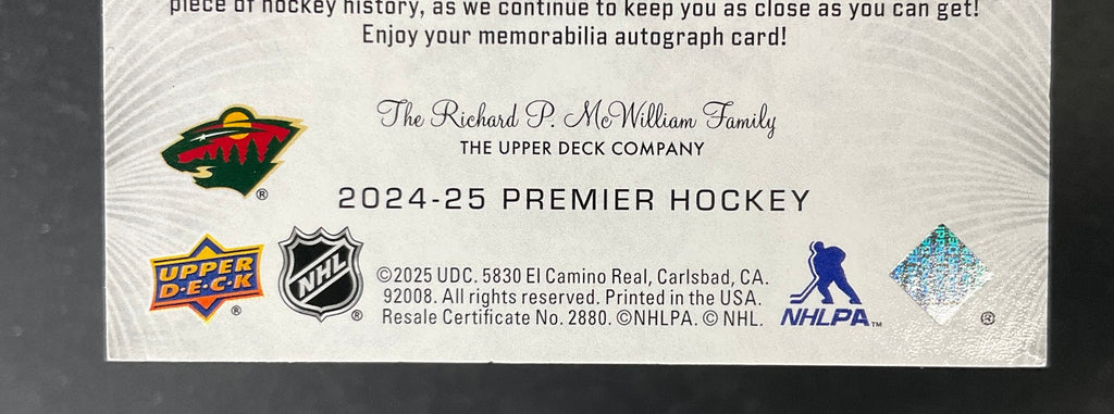 Jesper Wallstedt 2024-25 Upper Deck Premier Rookie Focus Swatch RC Auto 08/49